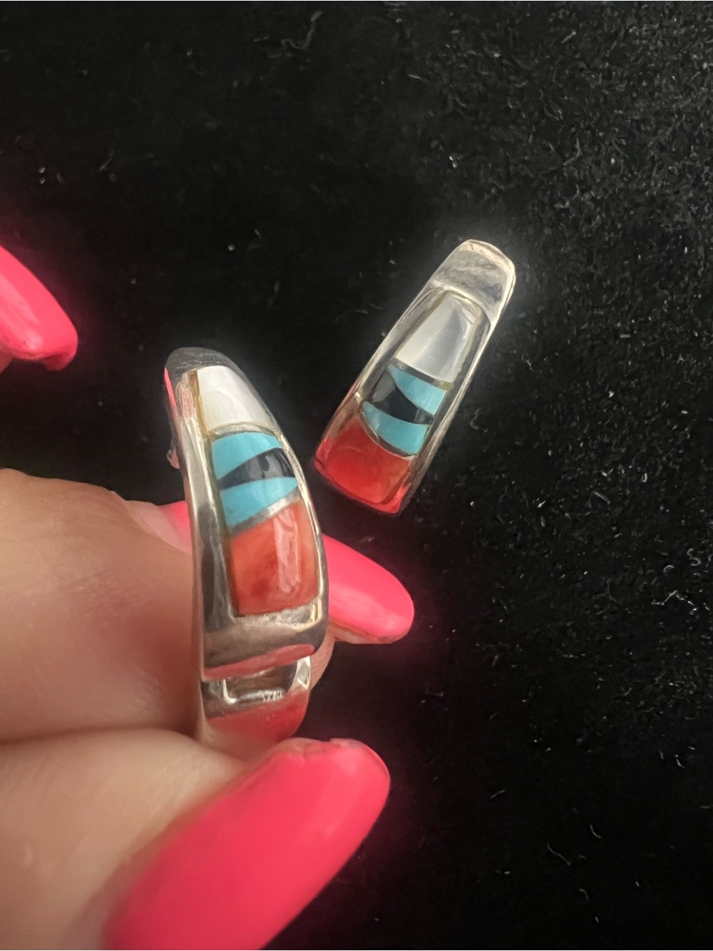 Sterling silver vintage native J hoop earrings. Multi stone inlay SIGNED